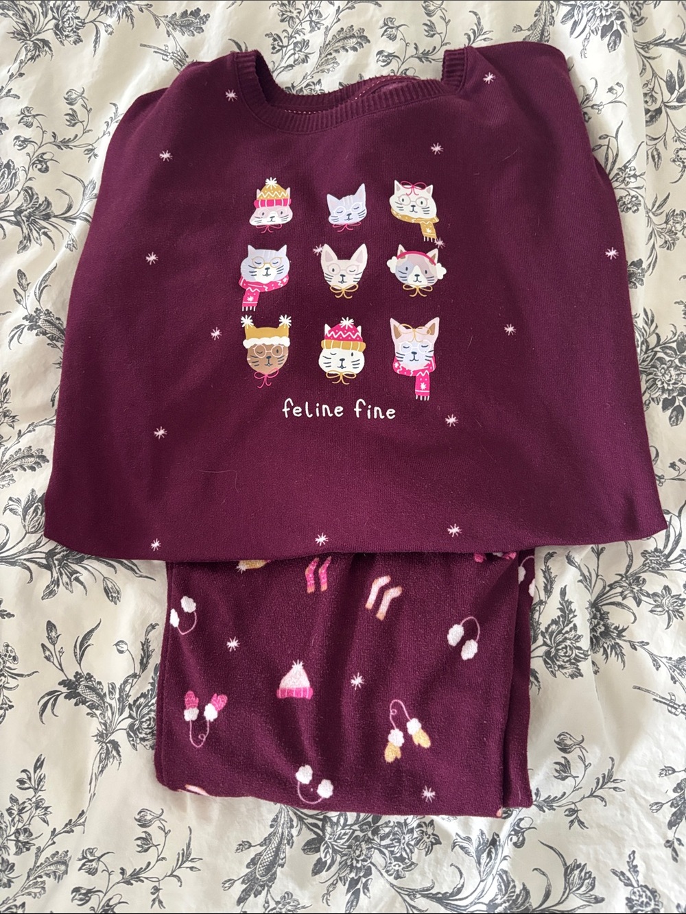 LC Lauren Conrad Burgundy 'Feline Fine' Cat Pajama Set with Pink & Cream Accents